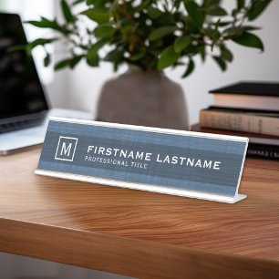 Porte-nom Pour Bureau Manly Linen Look avec nom Titre Monogramme - Bleu