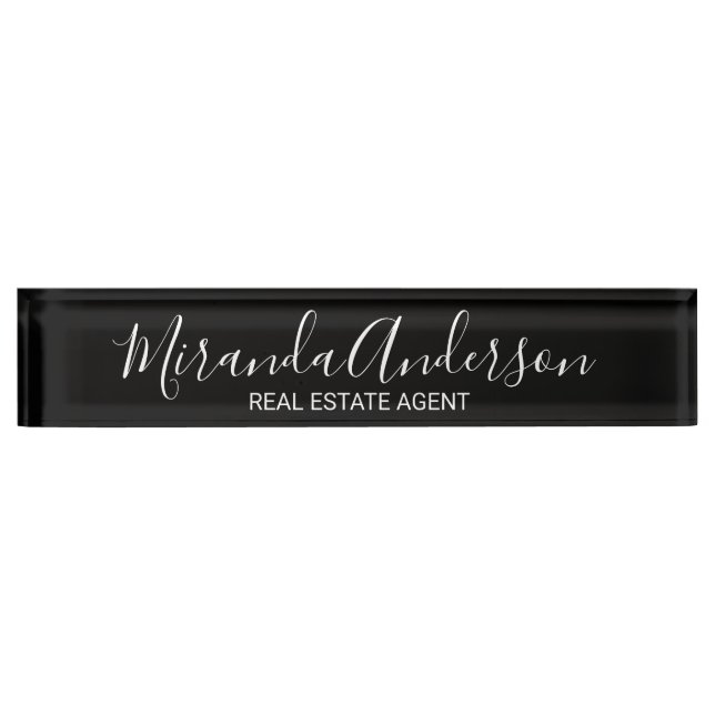 Porte-nom Pour Bureau Manuscrit moderne noir et blanc (Devant)