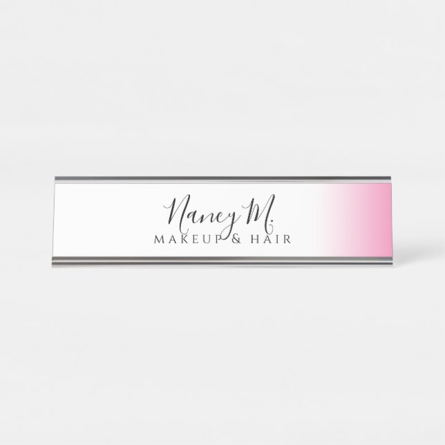 Porte-nom Pour Bureau Maquillage et cheveux blanc rose et gris (Devant)