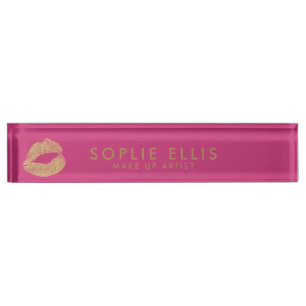 Porte-nom Pour Bureau Maquillage Lèvres Pailleur Or Rose Personnaliser N