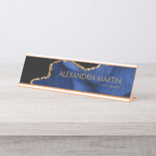 Porte-nom Pour Bureau Marbre/Agate Moderne et Élégant Bleu Nuit Paillett