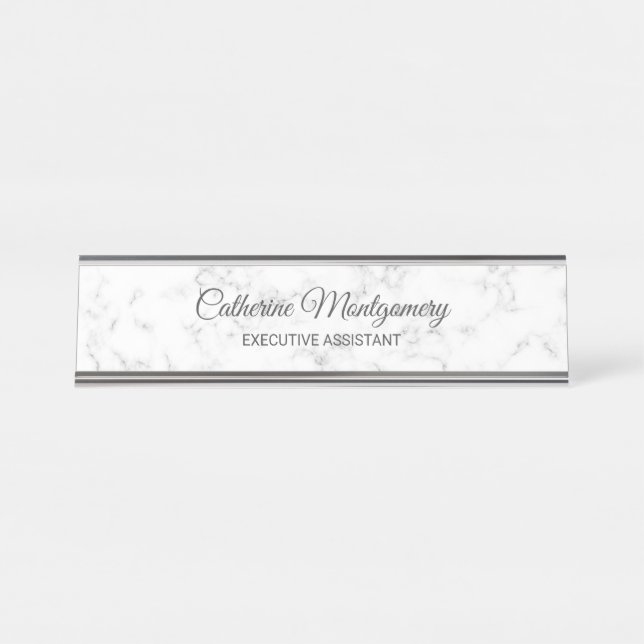 Porte-nom Pour Bureau Marbre blanc chic avec typographie de script gris (Devant)