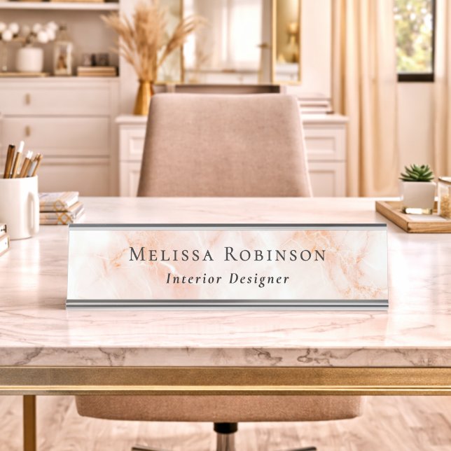 Porte-nom Pour Bureau Marbre Blanc et Abricot Simple Nom Professionnel (Créateur téléchargé)