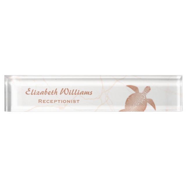 Porte-nom Pour Bureau Marbre blanc rose Tortue d'or (Devant)