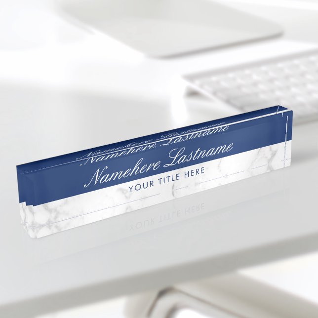 Porte-nom Pour Bureau Marbre bleu blanc gris marine Élégant Script (Créateur téléchargé)