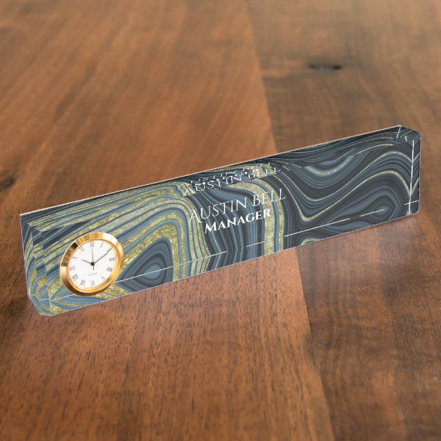 Porte-nom Pour Bureau Marbre bleu foncé et clair et doré Personnalisé (Taille)