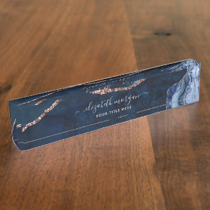 Porte-nom Pour Bureau Marbre Bleu Rose Or Paillettes Agate Signature Scr