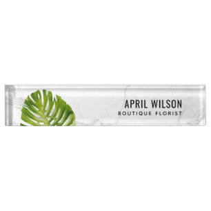 PORTE-NOM POUR BUREAU MARBRE COULEUR D'EAU VERT MONSTERA FEUILLE DE FEUI