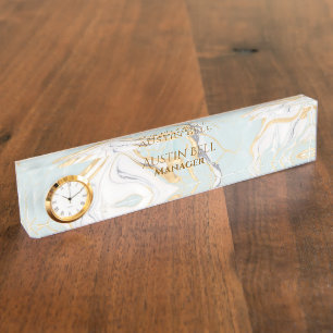 Porte-nom Pour Bureau Marbre d'or blanc turquoise Personnalisé