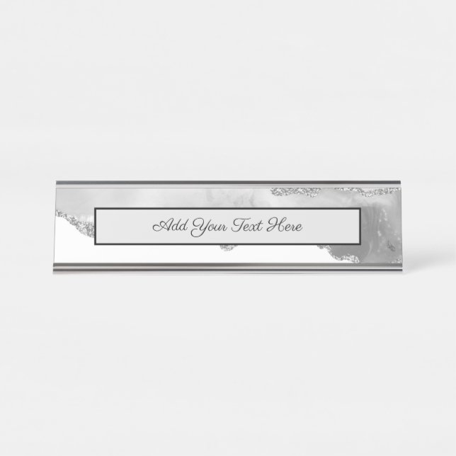 Porte-nom Pour Bureau Marbre Gris Blanc Agate Simple Paillettes Argentée (Devant)