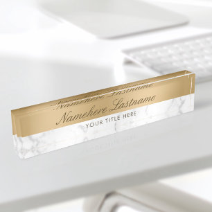 Porte-nom Pour Bureau Marbre gris blanc Faux Or Élégant Script