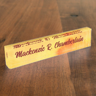 Porte-nom Pour Bureau Marbre jaune Abstrait avec nom dans le script