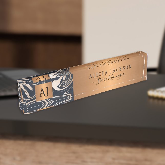 Porte-nom Pour Bureau Marbre moderne abstrait motif or noir monogramme (Créateur téléchargé)