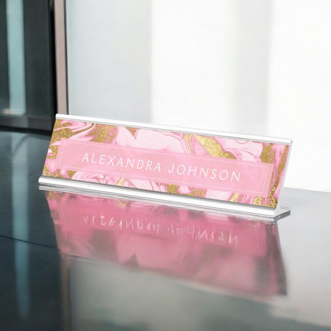 Porte-nom Pour Bureau Marbre moderne rose, blanc et or (Créateur téléchargé)