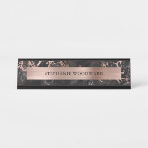 Porte-nom Pour Bureau Marbre Noir Moderne Élégant Feuille Rose Dorée Bro