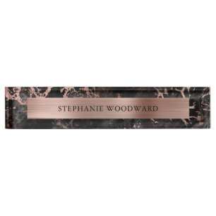 Porte-nom Pour Bureau Marbre Noir Moderne Élégant Feuille Rose Dorée Bro