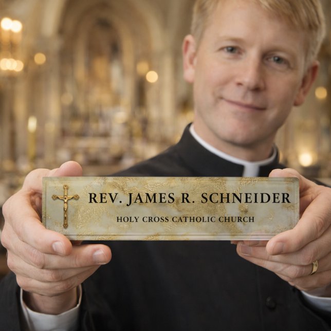 Porte-nom Pour Bureau Marbre personnalisé de blanc de croix de crucifix (Créateur téléchargé)