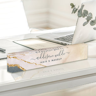 Porte-nom Pour Bureau Marbre Rose Noir Or Aquarelle Script Entreprise