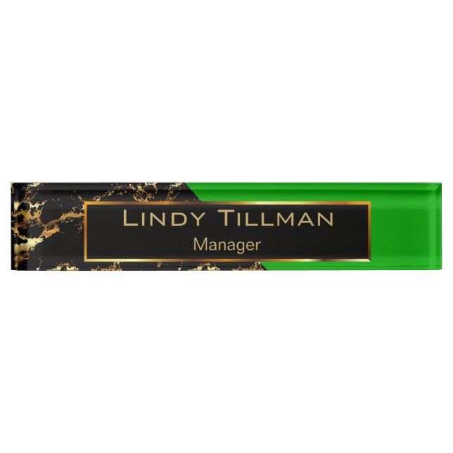 Porte-nom Pour Bureau Marbre vert citron, noir et or (Devant)
