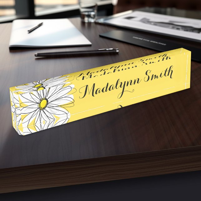 Porte-nom Pour Bureau Marguerite lunaire jaune et blanc avec texte perso (Personalized Name Plate for the Office, School or Home)