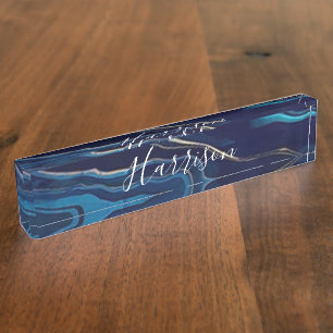 Porte-nom Pour Bureau Marine Blue Agate Marbre Gold Nom et Monogramme