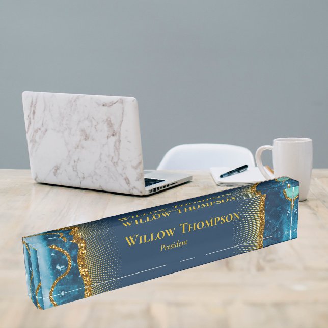 Porte-nom Pour Bureau Marine Blue & Gold Agate Géode Parties scintillant (Navy Blue & Gold Agate Geode Glitter Desk Name Plate)