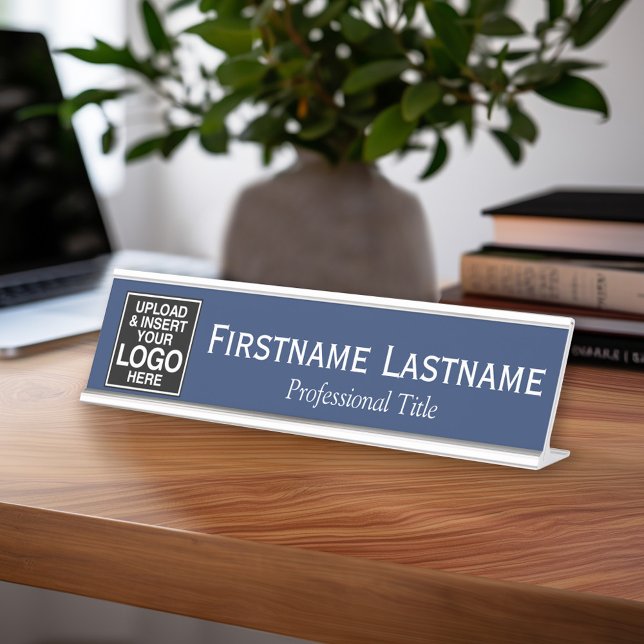 Porte-nom Pour Bureau Marine et Blanc - Logo, Nom, Titre Professionnel (Custom Name Plate - Executive Desk Sign with Name and title or other text)