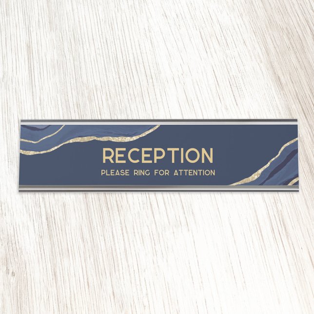 Porte-nom Pour Bureau Marine Marbre bleu Agate Gold Parties scintillant  (Navy marble agate faux gold custom text reception please ring for attention business desk nameplate)