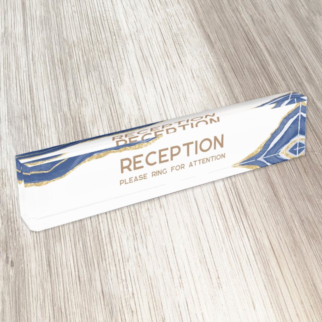 Porte-nom Pour Bureau Marine Marbre bleu Agate Gold Parties scintillant  (Agate marble blue white faux gold custom text business professional reception desk name plate)