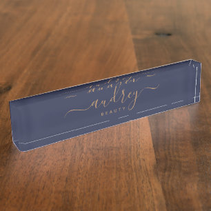 Porte-nom Pour Bureau marine moderne bleu or Signature Monogramme