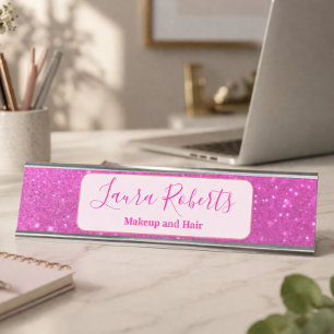 Porte-nom Pour Bureau Marque Minimaliste Paillettes Rose Glam