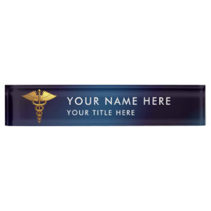 Porte-nom Pour Bureau Médecin élégant Navy Gold Caducée