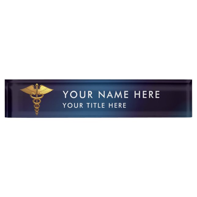 Porte-nom Pour Bureau Médecin élégant Navy Gold Caducée (Devant)