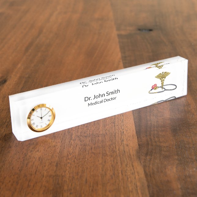 Porte-nom Pour Bureau Medical Gold Stethoscope & Caduceus with Heart (Taille)