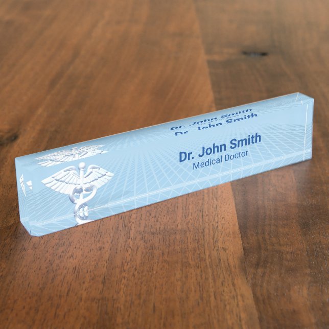 Porte-nom Pour Bureau Médicale blanc 3D Caduceus Blue Design (Taille)