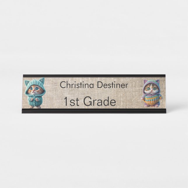 Porte-nom Pour Bureau Mignonne 2 images chat Enseignant (Devant)
