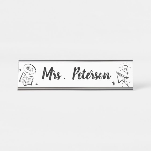 Porte-nom Pour Bureau Mignonne Doodle de l'éducation Professeur personna (Devant)