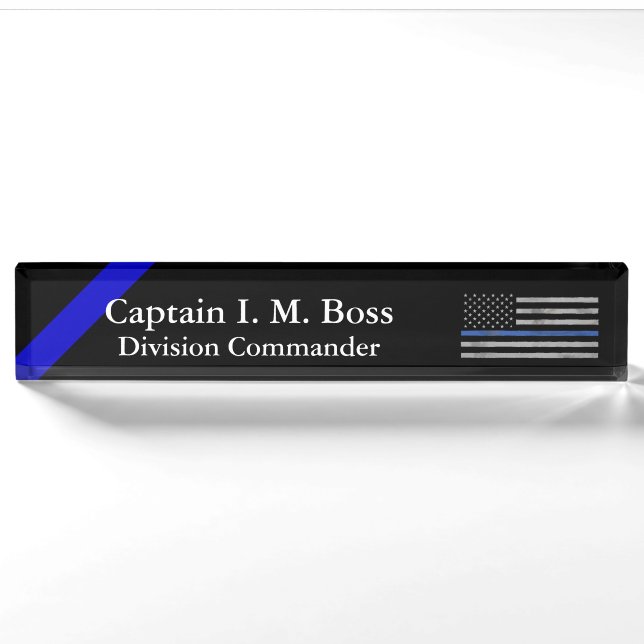 Porte-nom Pour Bureau Mince Ligne Bleue - Drapeau en détresse déchiqueté (Devant)