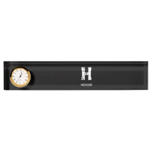 PORTE-NOM POUR BUREAU MINIMALISTE BLANC MONOGRAMME À UNE LETTRE NOM NOIR