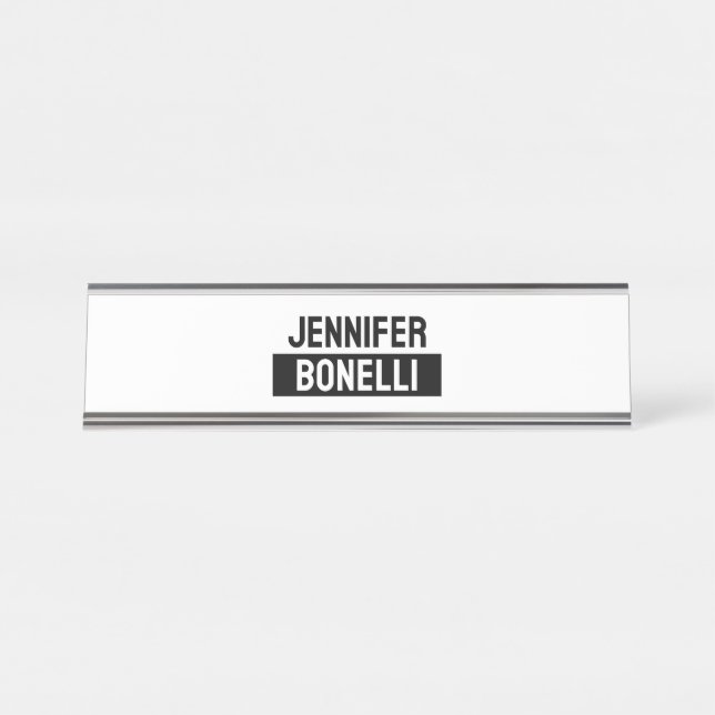 Porte-nom Pour Bureau Minimaliste Élégant Moderne Nom Simple Noir & Blan (Devant)