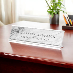 Porte-nom Pour Bureau Minimaliste Marbre blanc gris professionnel