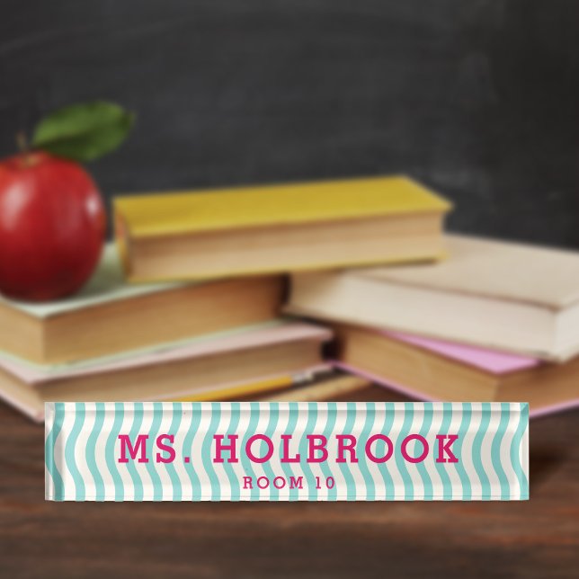 Porte-nom Pour Bureau Mod Aqua Motif de vague géométrique Enseignant (Créateur téléchargé)