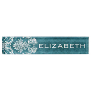 Porte-nom Pour Bureau Modèle de Damas gris turquoise Texte personnalis