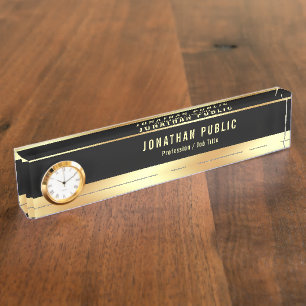 Porte-nom Pour Bureau Modèle moderne Black Gold avec horloge