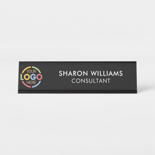 Porte-nom Pour Bureau Modern Custom Logo | Professional Black Minimalist (Devant)