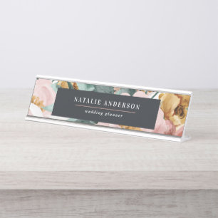 Porte-nom Pour Bureau Moderne aquarelle fleurie et feuillage élégant