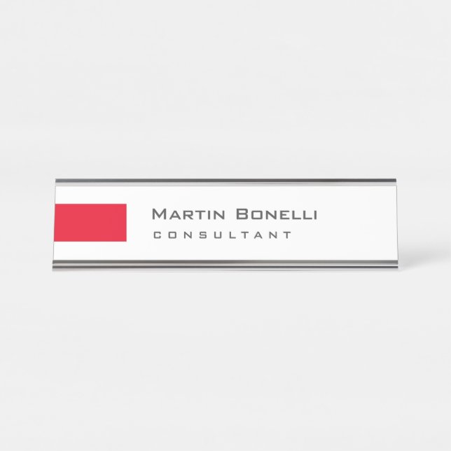 Porte-nom Pour Bureau Moderne Blanc Rouge Simple Consultant (Devant)