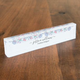 Porte-nom Pour Bureau Moderne Chic Aquarelle Bleu Hydrangée Florale