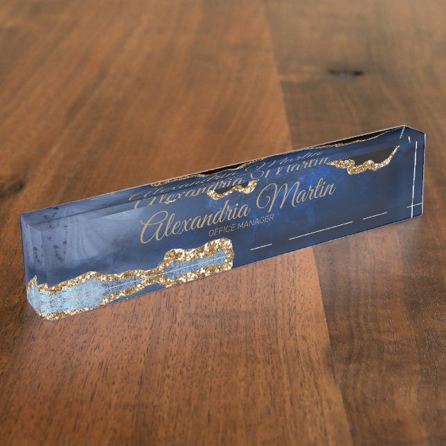 Porte-nom Pour Bureau Moderne exécutif Navy Blue Gold Glitter Script (Taille)