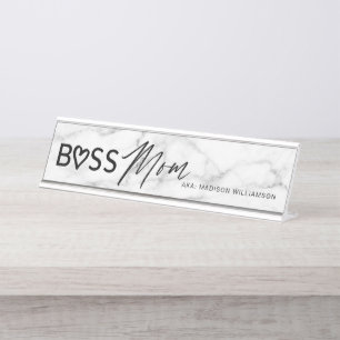Porte-nom Pour Bureau Moderne maman boss Marbre blanc et noir